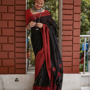 Soft Cotton Manipuri Saree Black & Red + Stitched Blouse